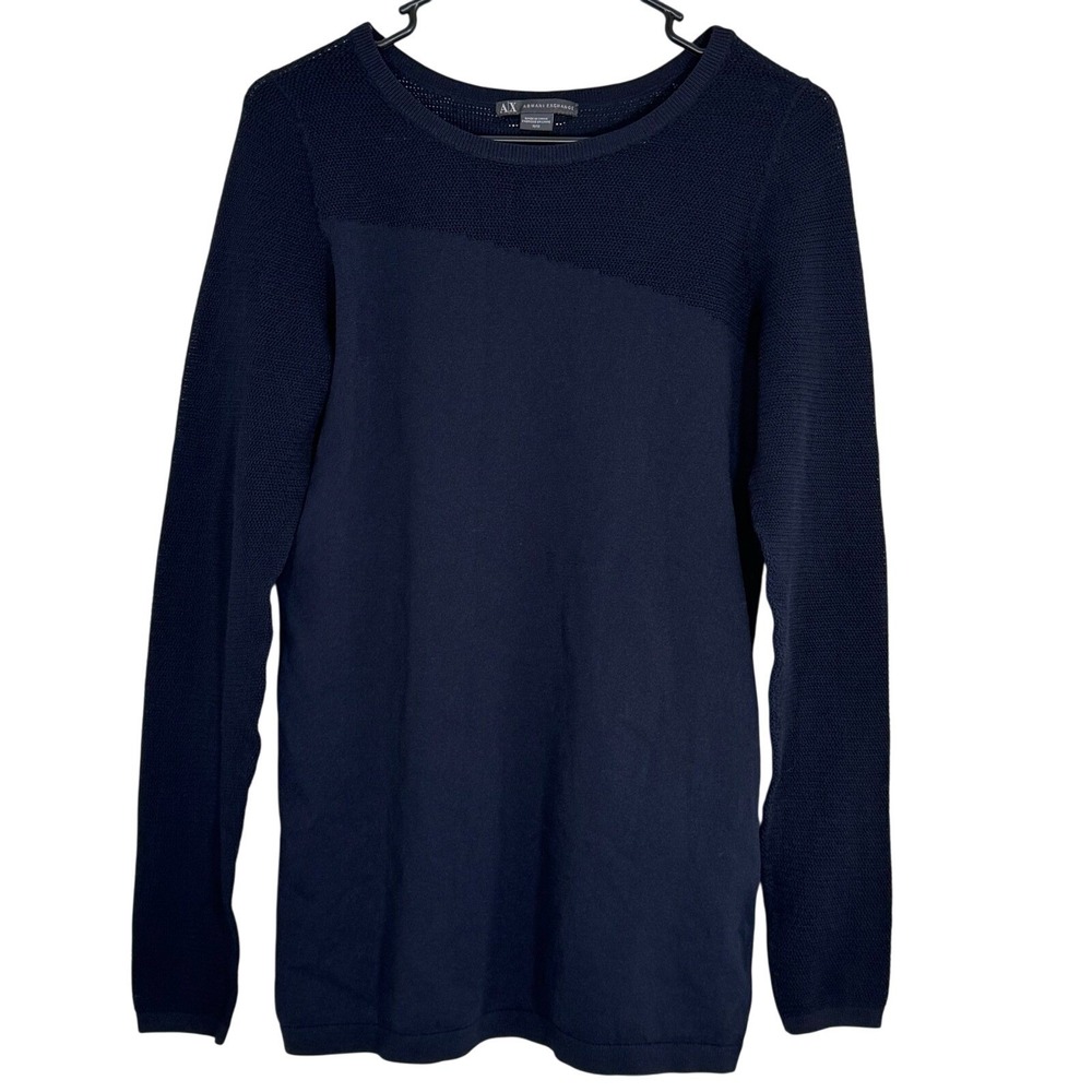 Armani Exchange Navy Blue Knit Long Sleeve Crewneck Pullover Sweater Size Medium